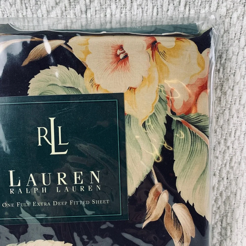 Ralph‎ Lauren Fitted Sheet Full Black Charleston Floral Deep 100% Cotton Vintage